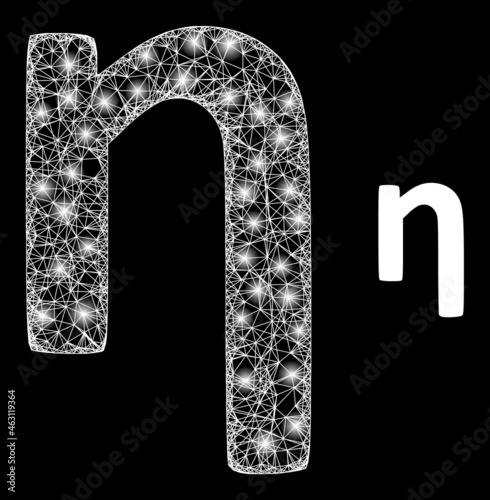 Glamour mesh vector Eta Greek lowercase symbol with glow effect. White mesh, bright spots on a black background with Eta Greek lowercase symbol icon.