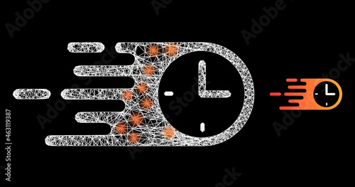 Bright mesh vector quick time with glare effect. White mesh, bright spots on a black background with quick time icon. Mesh and glowing elements are placed on different layers.