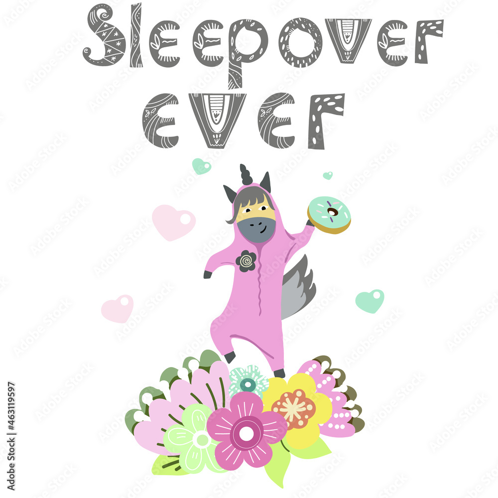 Plakat Sleepover ever lettering with a dancing unicorn, with a wreath of flowers.
