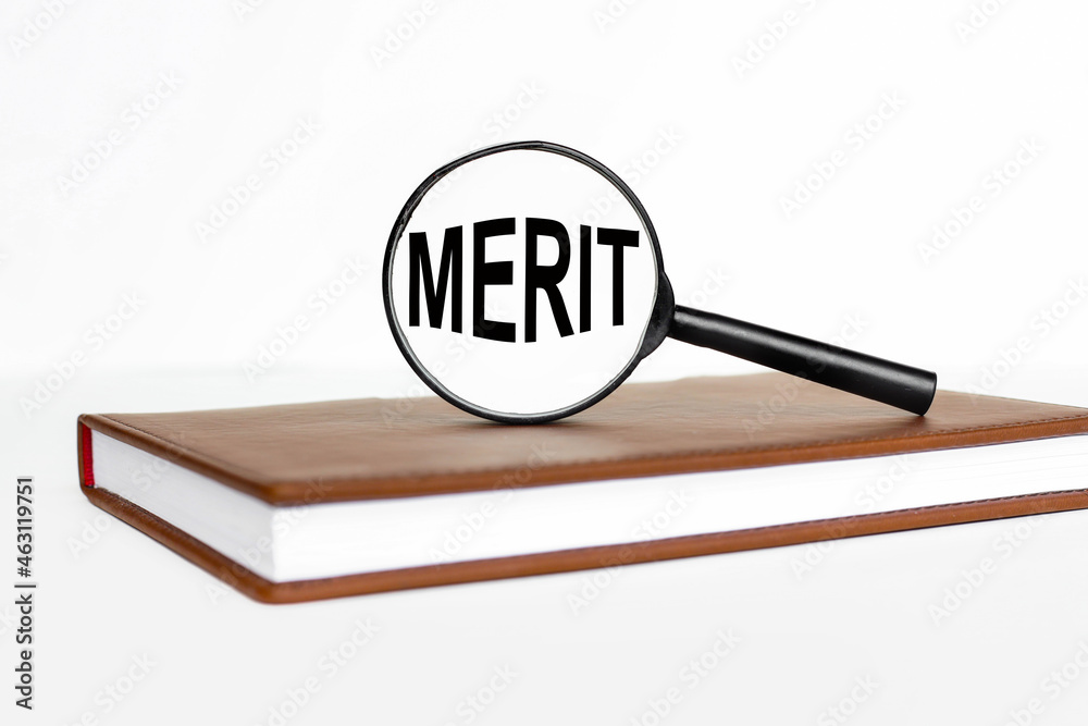 Merit. the inscription in the center of the magnifying glass. on white background Merit. the inscription in the center of the magnifying glass. on white background