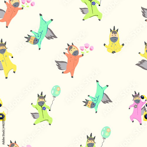 Seamless pattern with multicolored unicorns  pajama party  pastel colors.