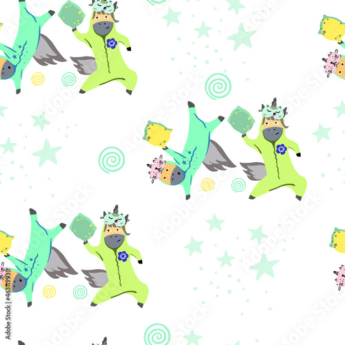 Seamless pattern with unicorns in pajamas, pillow fight, pajama party, gentle tones.
