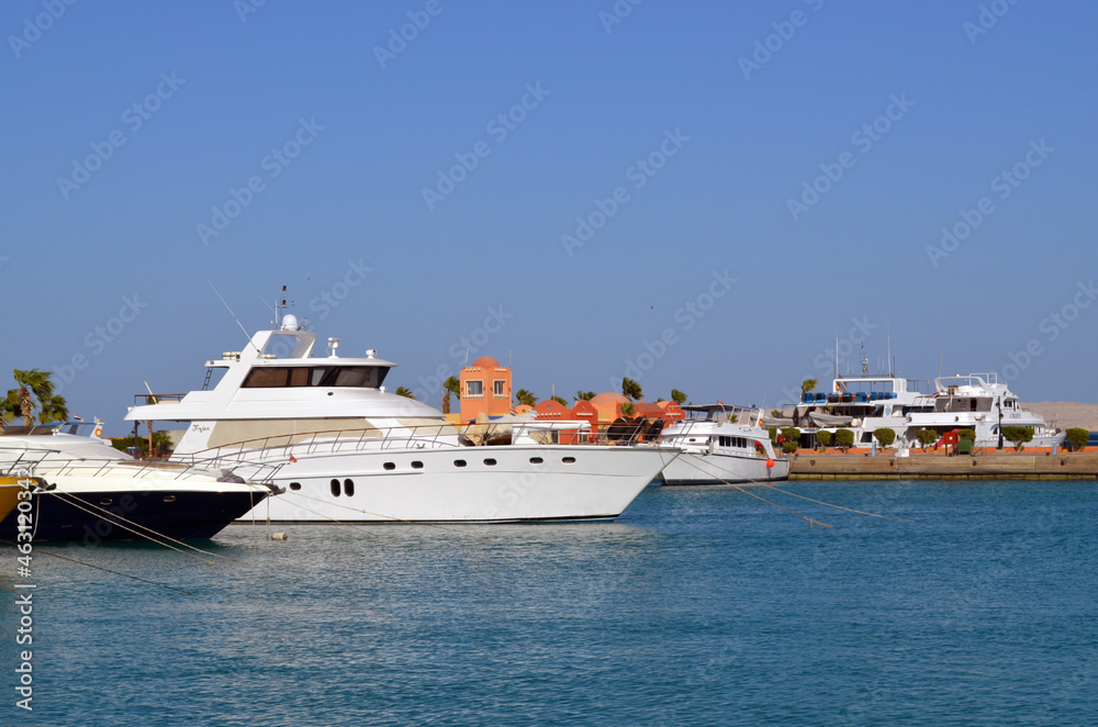 Egypt, Sinai, Hurghada, Red Sea, September 29, 2014: a pleasure boat in the Red Sea at the pier of Sharm el-Sheikh, Egypt. The boat is anchored. Copy space