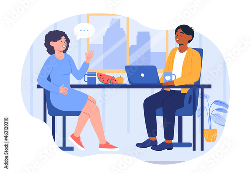 Lunch in office concept. Man and woman sitting at table, discussing plan and eating fruit. Employees communicate with each other. Cartoon flat vector illustration isolated on white background