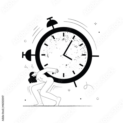 Time pressure concept. Woman suffering from the time pressure. Girl with watch on her back.