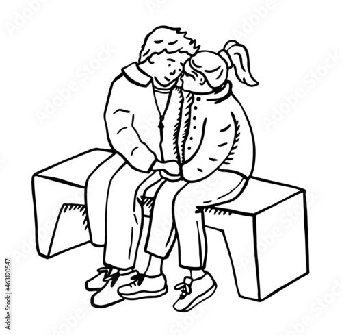 Vector illustration of Valentine's day couple doodle. hand drawing. sketch. couple in love, girl and guy sit on a bench