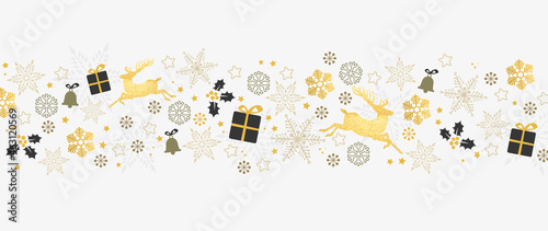 Gold and gray christmas border with snowflakes reindeer mistletoe. Vector festive motif. photo