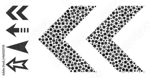 Circle collage shift left. Vector collage is based on shift left icon, and organized from random round parts. Vector icon of shift left formed of randomized round points.
