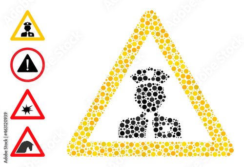 Circle collage policeman warning. Vector collage is based on policeman warning icon, and created of randomized circle parts. Vector icon of policeman warning composed with randomized round elements.