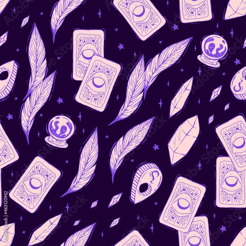Witch Tarot Cards Seamless Pattern Attributes Witchcraft Divination Crystal Ball Halloween Fortune Teller Esoteric Signs Vintage Vector Illustration