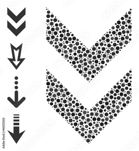 Rounded dot collage shift down. Vector collage is based on shift down symbol, and constructed of scattered round parts. Vector icon of shift down created of scattered round dots.
