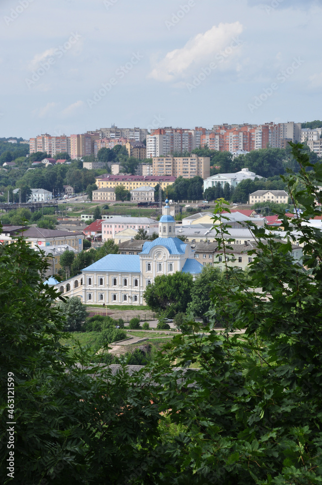 Naklejka premium Panoramic view of the city of Smolensk, Russia. Aerial view of a large church and residential area with tall buildings.
