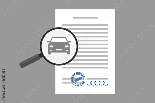 Document with signature and stamp and magnifier with car icon