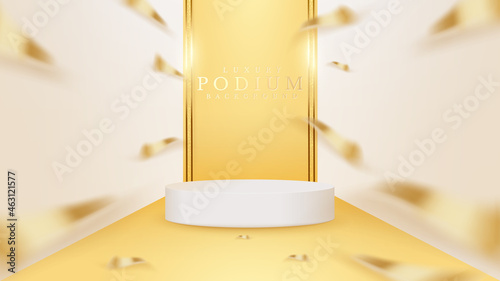White show podium and golden line with ribbon and sparkle glittering light effects elements, Luxury scene design for banner product.