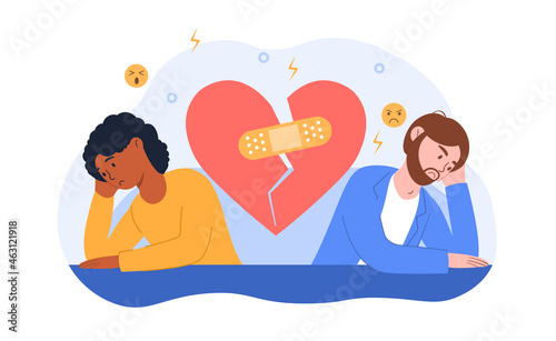 Broken relationships concept. Married couple upset because of quarrels and conflicts. Man and woman no love each other. Alienation and divorce. Cartoon flat vector illustration on white background