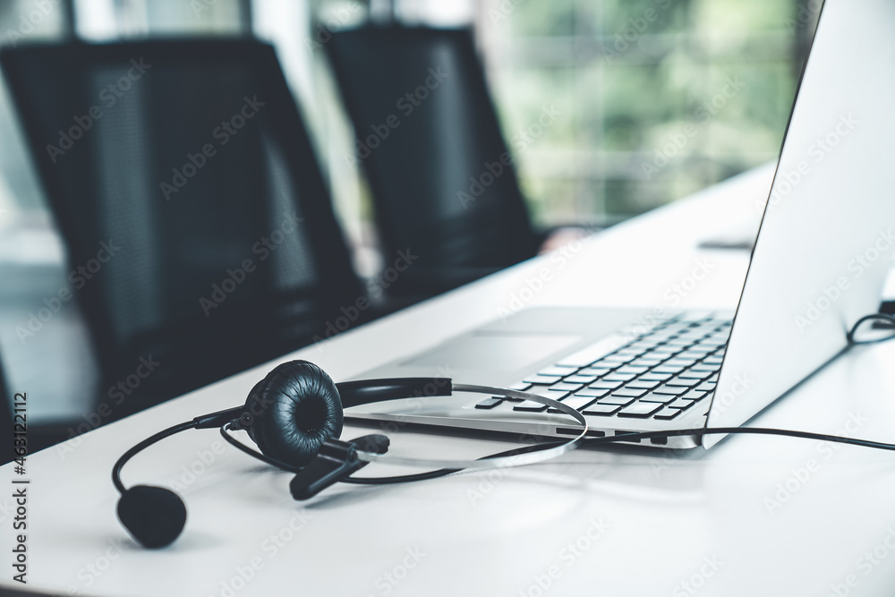 Headset and customer support equipment at call center ready for actively service . Corporate business help desk and telephone assistance concept . - obrazy, fototapety, plakaty 