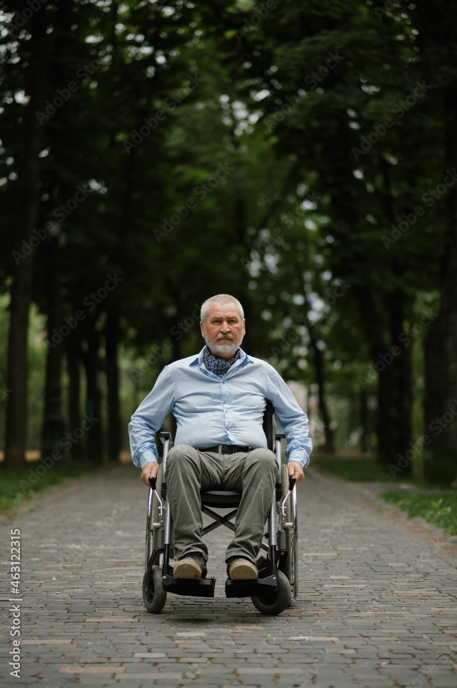Adult disabled man in wheelchair walking in park - obrazy, fototapety, plakaty 
