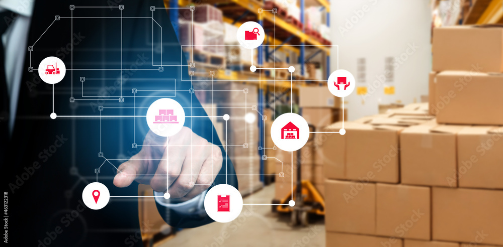 Smart warehouse management system with innovative internet of things technology to identify package picking and delivery . Future concept of supply chain and logistic network business . - obrazy, fototapety, plakaty 
