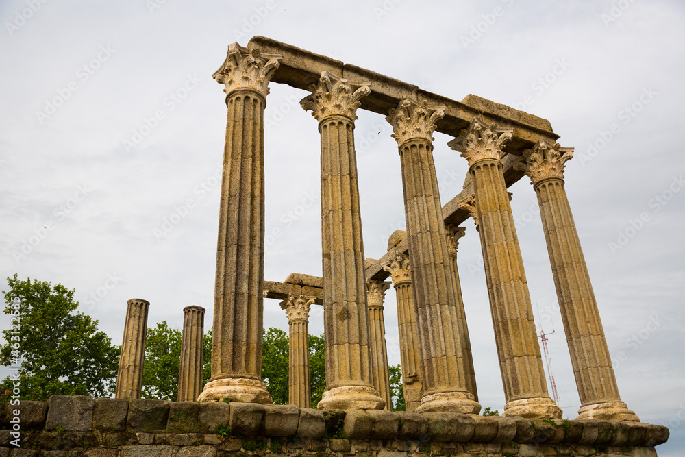 View of remnants of Temple of Diana in centre of historic Portuguese city of Evora