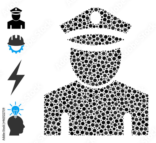 Circle combination policeman. Vector collage is based on policeman symbol, and designed of randomized round parts. Vector icon of policeman designed of randomized round points.