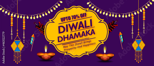Beautiful greeting card for celebration of shubh deepawali and happy Diwali Holiday background Abstract Grand diwali Dhamaka sale background with offer details  banner or sale poster