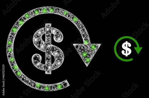 Magic mesh vector dollar repay with glare effect. White mesh, light spots on a black background with dollar repay icon. Mesh and glowing elements are placed on different layers.