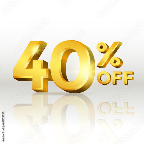 40 percent off glossy gold text vector in 3d style isolated on white background with reflection for marketing design