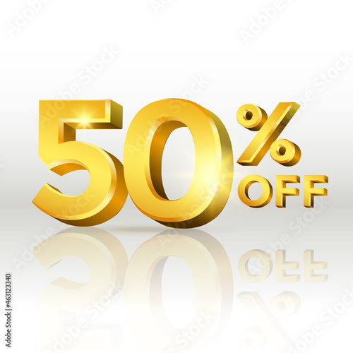 50 percent off glossy gold text vector in 3d style isolated on white background with reflection for marketing design