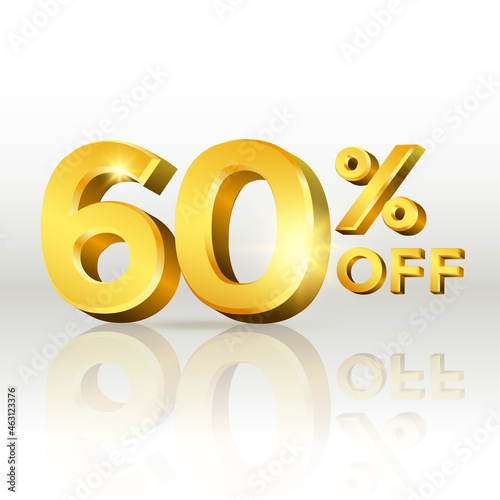 60 percent off glossy gold text vector in 3d style isolated on white background with reflection for marketing design