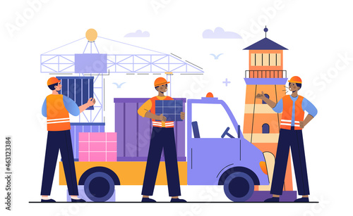 Seaport Loading Cargo concept. Employees hold large boxes and put them in truck. Crane stands next to lighthouse. Logistics company. Cartoon flat vector illustration isolated on white background