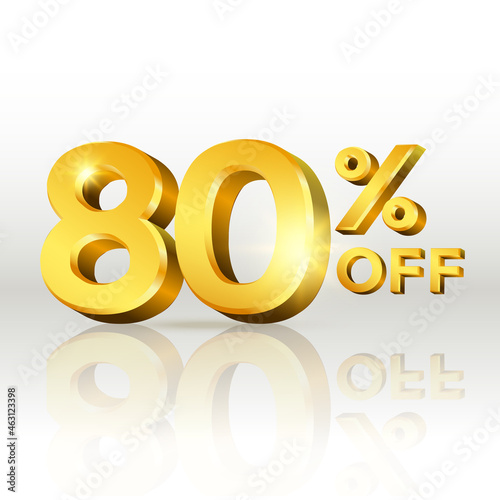 80 percent off glossy gold text vector in 3d style isolated on white background with reflection for marketing design