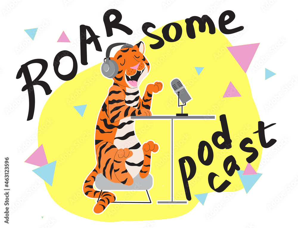 Cartoon tiger podcaster. Cute tiger sitting at a table in headphones talking in a microphone and recording an audio podcast or hosting a radio show. Vector illustration in flat cartoon style