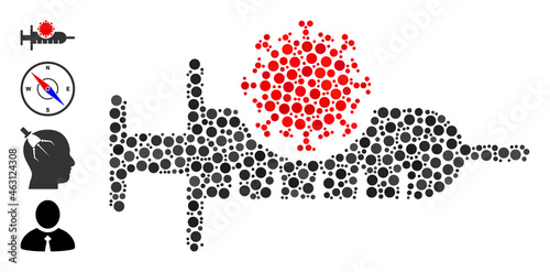 Circle collage virus vaccine. Vector mosaic is based on virus vaccine icon, and formed of random circle spots. Vector icon of virus vaccine combined of irregular circle dots.