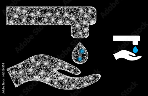 Glossy mesh vector water thrift hand with glare effect. White mesh, glare spots on a black background with water thrift hand icon. Mesh and lightspot elements are placed on different layers.