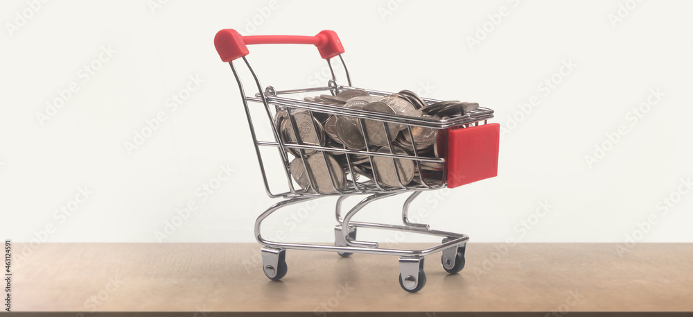 Toy shopping cart with coins and Piggy bank