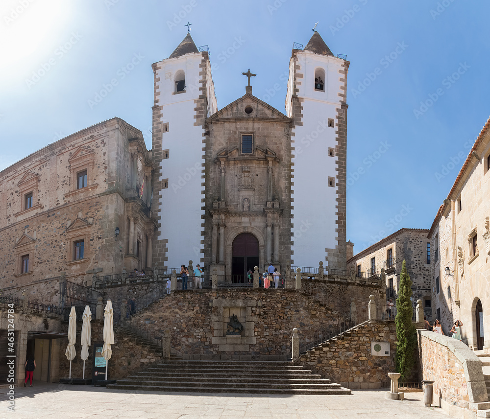 View at the San Francisco Javier Church, or Preciosa Sangre Church, an iconic heritage church on Cáceres city, tourist people visiting