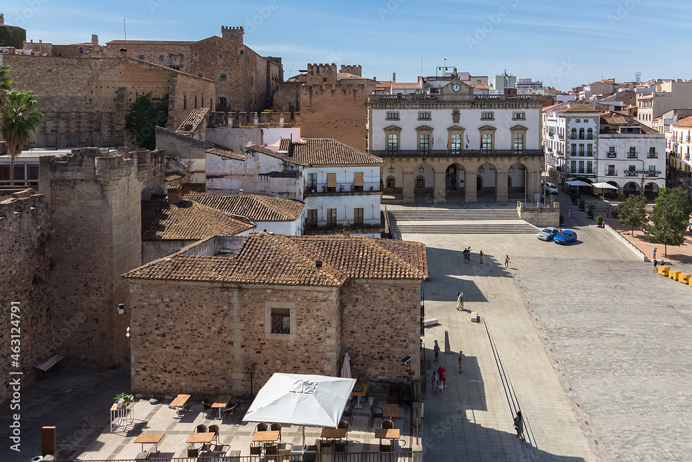 Amazing aerial view at the Plaza Mayor in Cáceres city downtown, Arco