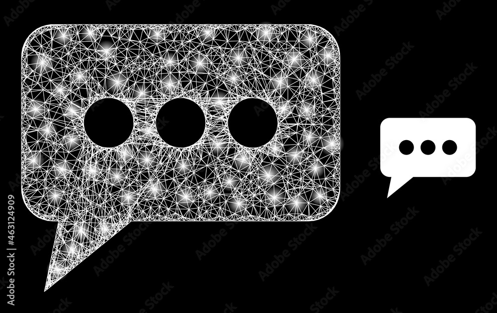 Glamour mesh vector chat message with glare effect. White mesh, glare spots on a black background with chat message icon. Mesh and glare elements are placed on different layers. Glamour mesh vector chat message with glare effect. White mesh, glare spots on a black background with chat message icon. Mesh and glare elements are placed on different layers.