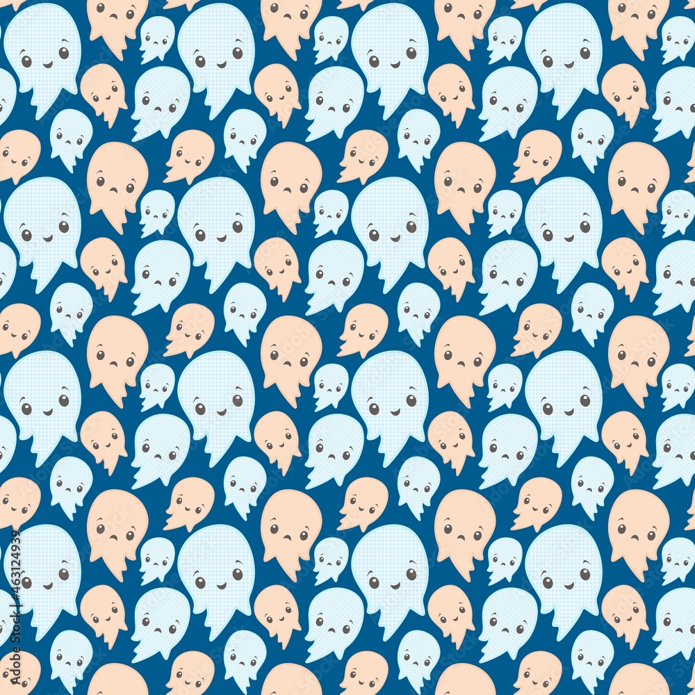 Cute halloween seamless pattern. Vector illustration of kawaii ghosts.
