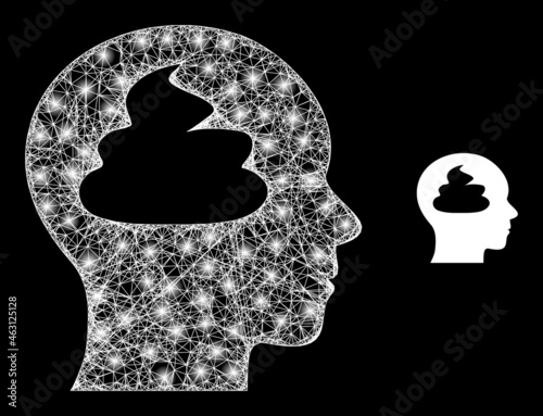 Glamour mesh vector shit brain with glare effect. White mesh, flash spots on a black background with shit brain icon. Mesh and glare elements are placed on different layers.