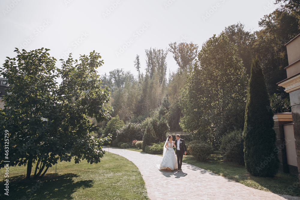 bride and groom are walking on a path in the green forest, holding hands