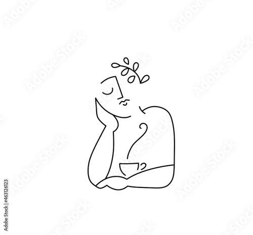 Vector isolated abstract sleepy man with cup of tea or cofee ancient greece style line drawing.
