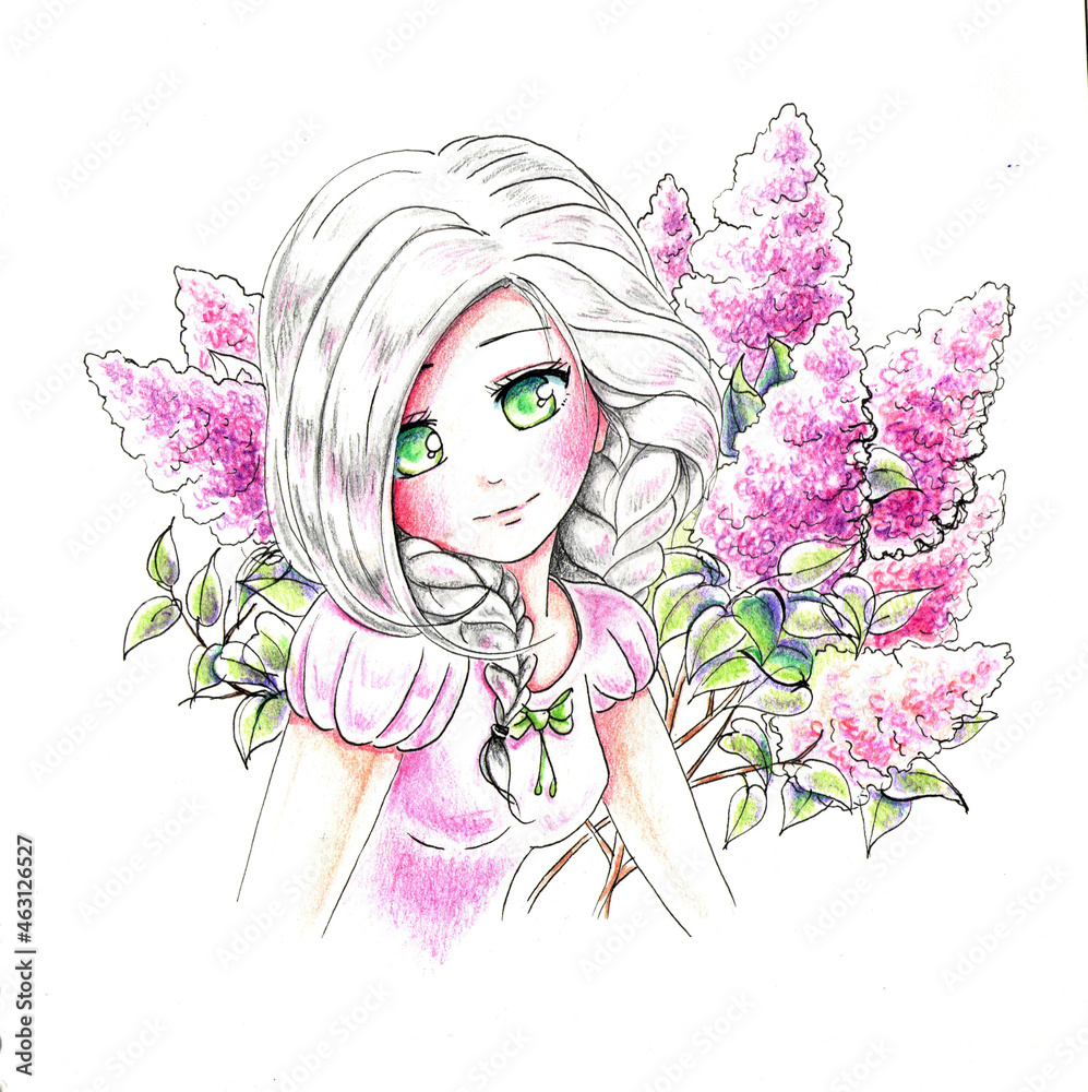 watercolor illustration of anime girl