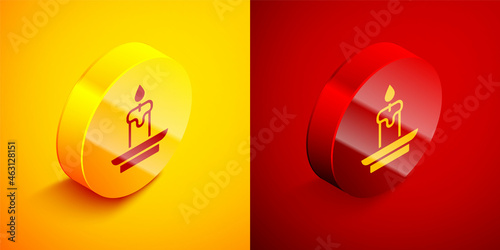 Isometric Burning candle icon isolated on orange and red background. Cylindrical aromatic candle stick with burning flame. Happy Halloween party. Circle button. Vector