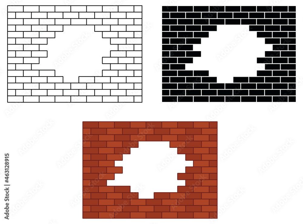 Broken Brick Wall with a Hole Clipart Set Outline, Silhouette and Colored