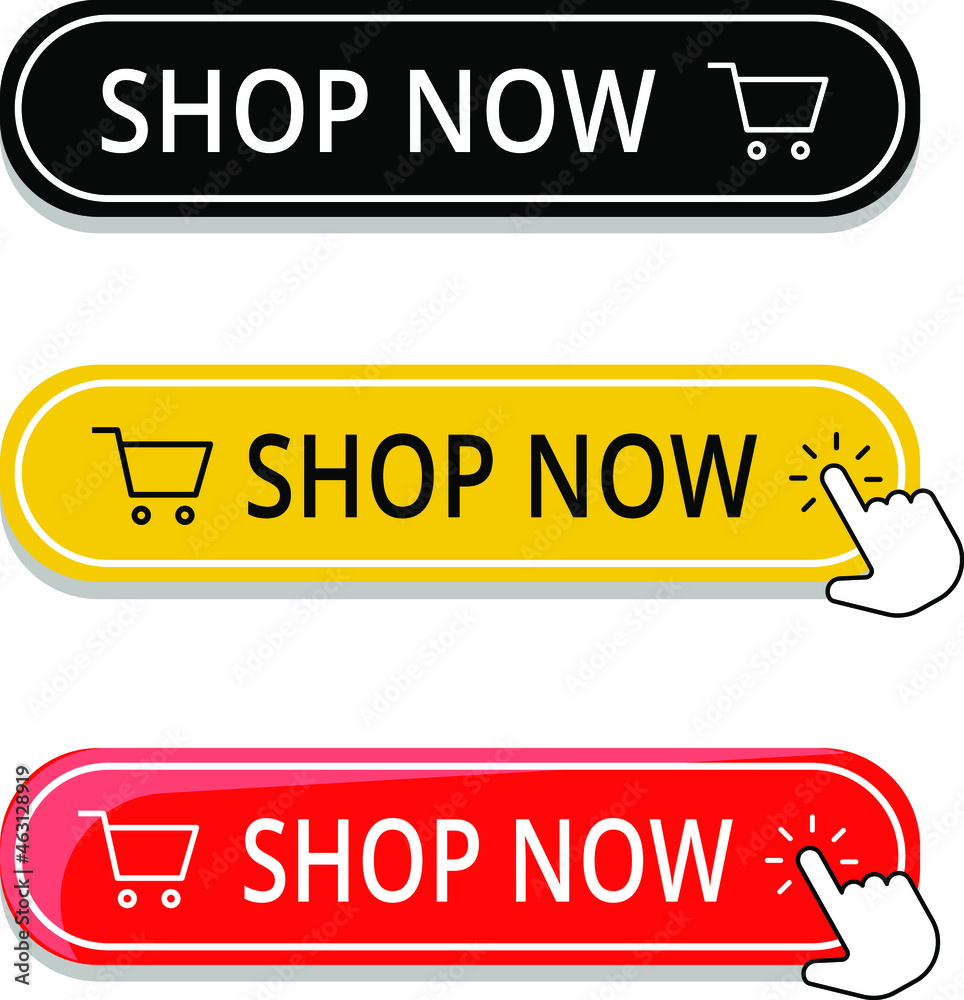Buy now button with hand cursor. Button hand pointer clicking. Click here banner with shadow. Click button isolated. Shop now. Online shopping. Buy now button with hand cursor. Button hand pointer clicking. Click here banner with shadow. Click button isolated. Shop now. Online shopping.