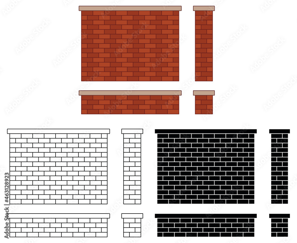 Brick Wall and Pillar Clipart Set Outline, Silhouette and Colored Stock Vector Adobe Stock
