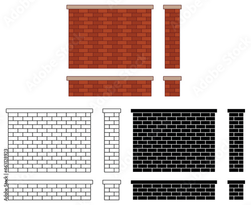 Brick Wall and Pillar Clipart Set - Outline, Silhouette and Colored