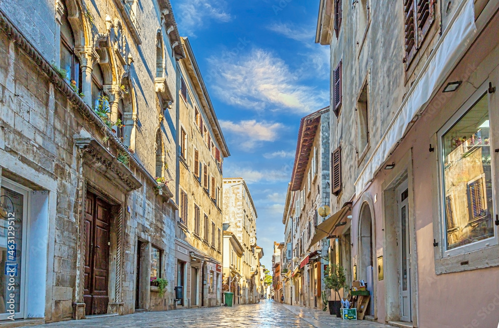 Image of the historical center of the Croatian coastal town of Porec in the morning light during the sunrise