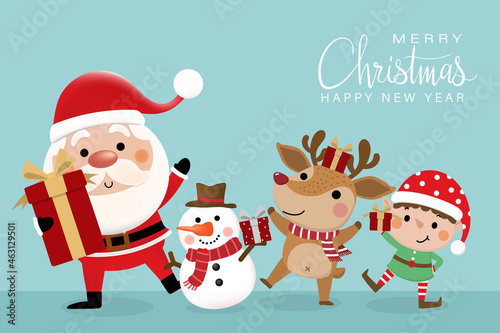 Merry Christmas and happy new year greeting card with cute Santa Claus, red gift, snowman and deer. Holiday cartoon character in winter season. -Vector